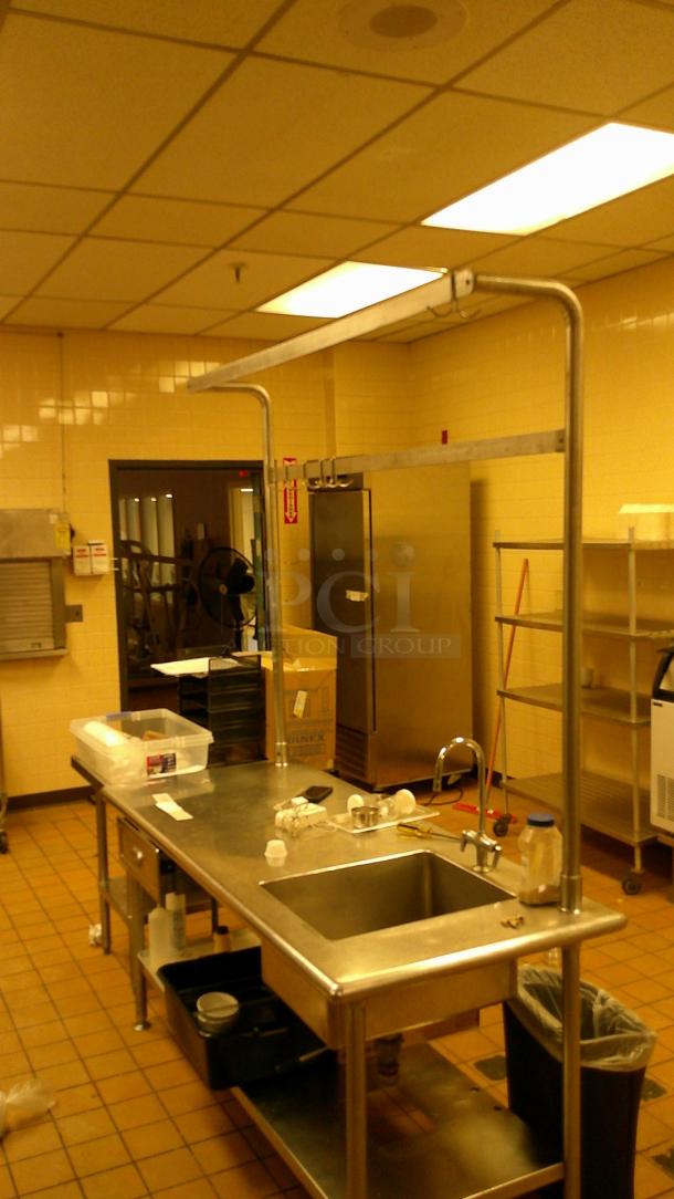 STAINLESS WORKSTATION, SINGLE BASIN, DRAWER, OVERHEAD HANGERS 6'X30"X80" - Image 2 of 5
