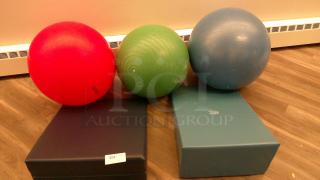 3 EXERCISE STABILITY BALLS, 2 PT WEDGES