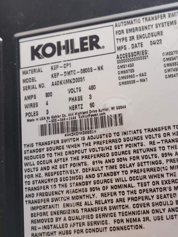**BRAND NEW IN CRATE!** KOHLER 800 AMP 3PH-120/208V Nema 3R Automatic Transfer Switch $10,200 ORIGINAL PRICE! - Image 5 of 5