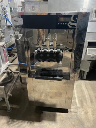 Elvaria Commercial Stainless Steel Electric Powered Dual Flavor/Twist Soft Serve Ice Cream/Frozen Yogurt Machine! With 2 Hoppers & 3 Dispensers! With Drip Tray! Model: 515 TW SN: 3410093794! 220-240V! On Casters!