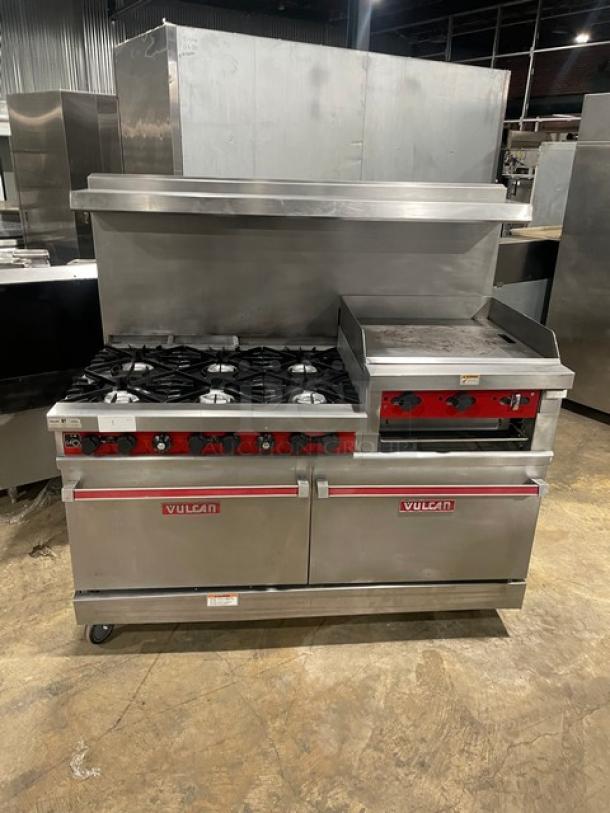 Vulcan Commercial Stainless Steel Natural Gas Powered 6 Burner Range/Raised Flat Griddle Split Top & Double Oven Combo! With Built-In Broiler/Cheese Melter! With Back & Side Splash! With Overhead Salamander Shelf! With Wire Oven Racks! On Casters! - Image 1 of 14