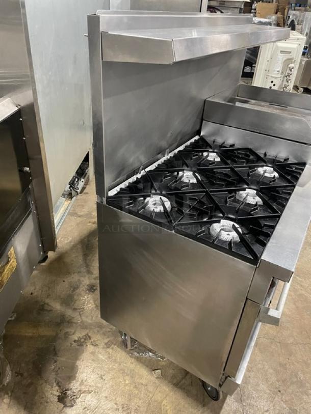 Vulcan Commercial Stainless Steel Natural Gas Powered 6 Burner Range/Raised Flat Griddle Split Top & Double Oven Combo! With Built-In Broiler/Cheese Melter! With Back & Side Splash! With Overhead Salamander Shelf! With Wire Oven Racks! On Casters! - Image 2 of 14