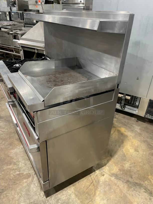 Vulcan Commercial Stainless Steel Natural Gas Powered 6 Burner Range/Raised Flat Griddle Split Top & Double Oven Combo! With Built-In Broiler/Cheese Melter! With Back & Side Splash! With Overhead Salamander Shelf! With Wire Oven Racks! On Casters! - Image 3 of 14