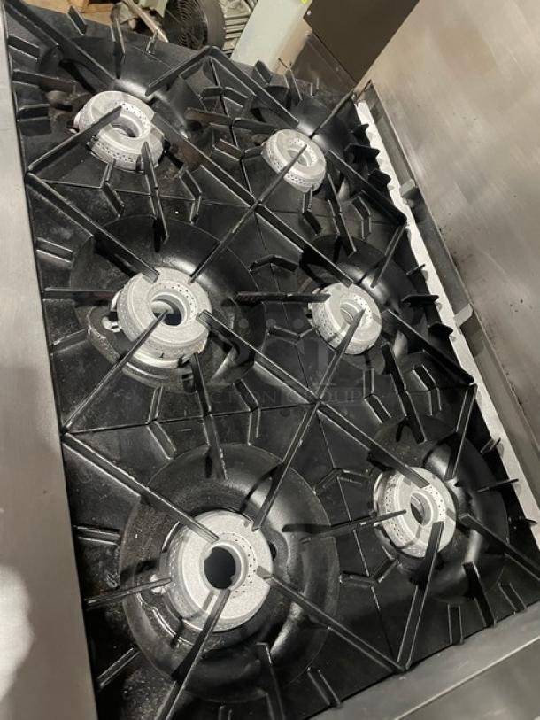 Vulcan Commercial Stainless Steel Natural Gas Powered 6 Burner Range/Raised Flat Griddle Split Top & Double Oven Combo! With Built-In Broiler/Cheese Melter! With Back & Side Splash! With Overhead Salamander Shelf! With Wire Oven Racks! On Casters! - Image 7 of 14