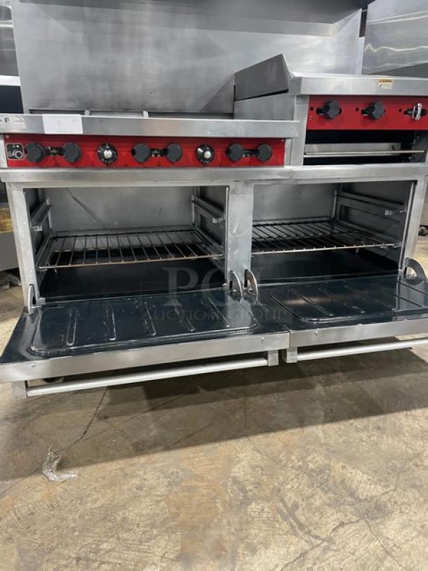 Vulcan Commercial Stainless Steel Natural Gas Powered 6 Burner Range/Raised Flat Griddle Split Top & Double Oven Combo! With Built-In Broiler/Cheese Melter! With Back & Side Splash! With Overhead Salamander Shelf! With Wire Oven Racks! On Casters! - Image 9 of 14
