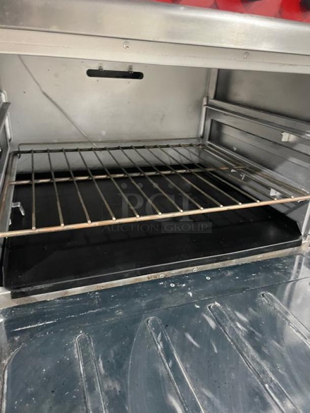 Vulcan Commercial Stainless Steel Natural Gas Powered 6 Burner Range/Raised Flat Griddle Split Top & Double Oven Combo! With Built-In Broiler/Cheese Melter! With Back & Side Splash! With Overhead Salamander Shelf! With Wire Oven Racks! On Casters! - Image 10 of 14