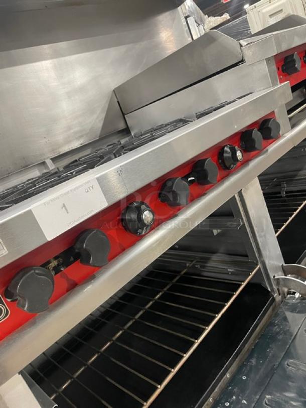Vulcan Commercial Stainless Steel Natural Gas Powered 6 Burner Range/Raised Flat Griddle Split Top & Double Oven Combo! With Built-In Broiler/Cheese Melter! With Back & Side Splash! With Overhead Salamander Shelf! With Wire Oven Racks! On Casters! - Image 11 of 14