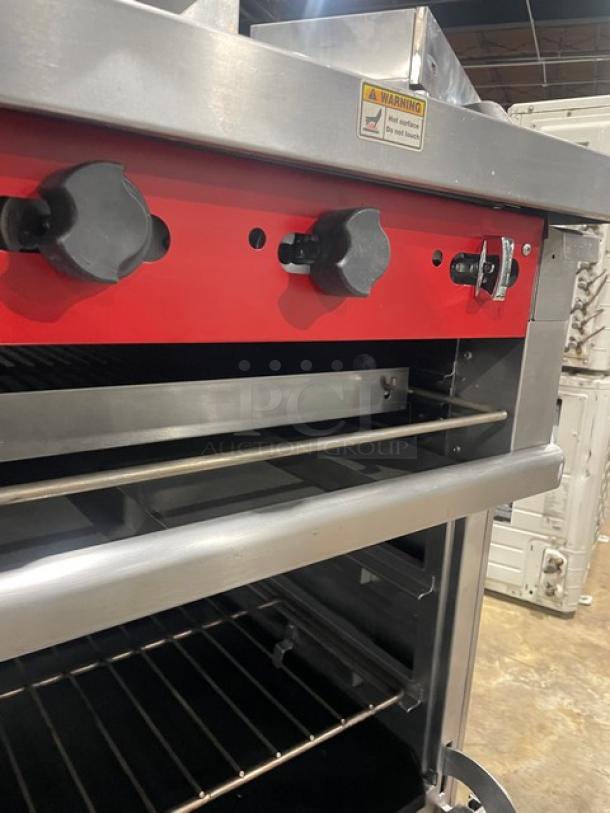 Vulcan Commercial Stainless Steel Natural Gas Powered 6 Burner Range/Raised Flat Griddle Split Top & Double Oven Combo! With Built-In Broiler/Cheese Melter! With Back & Side Splash! With Overhead Salamander Shelf! With Wire Oven Racks! On Casters! - Image 12 of 14