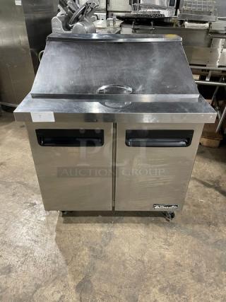 Blue Air Commercial Stainless Steel 2 Door Refrigerated Bain Marie Style Mega Top Salad/Sandwich Prep Table! With Poly Coated Wire Rack! Model: BLMT36 SN: BT01A94K700014! 115V 1 Phase! On Casters!