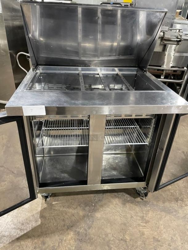 Blue Air Commercial Stainless Steel 2 Door Refrigerated Bain Marie Style Mega Top Salad/Sandwich Prep Table! With Poly Coated Wire Rack! Model: BLMT36 SN: BT01A94K700014! 115V 1 Phase! On Casters! - Image 5 of 9