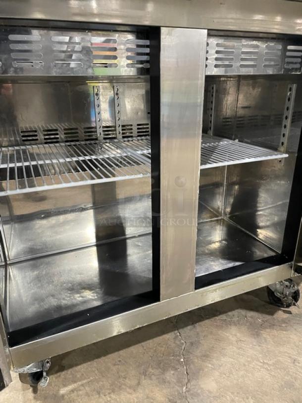 Blue Air Commercial Stainless Steel 2 Door Refrigerated Bain Marie Style Mega Top Salad/Sandwich Prep Table! With Poly Coated Wire Rack! Model: BLMT36 SN: BT01A94K700014! 115V 1 Phase! On Casters! - Image 6 of 9