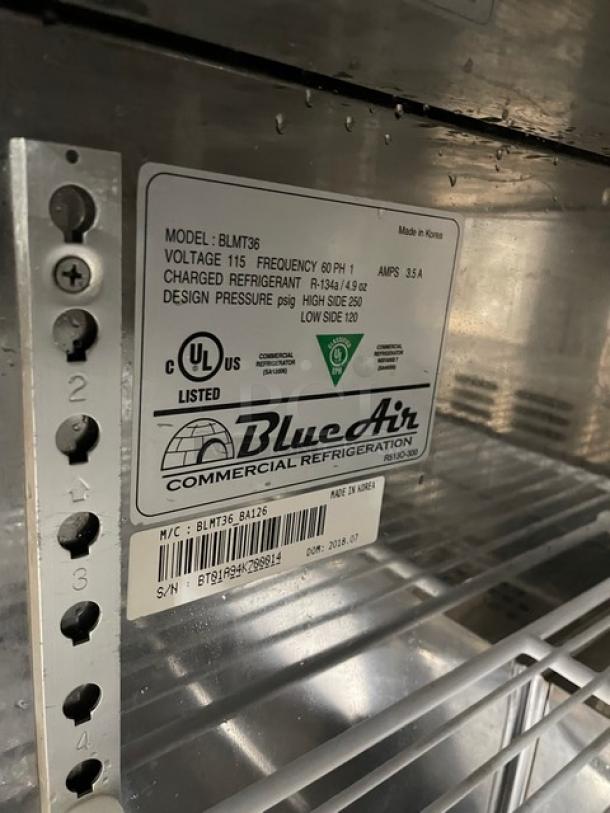 Blue Air Commercial Stainless Steel 2 Door Refrigerated Bain Marie Style Mega Top Salad/Sandwich Prep Table! With Poly Coated Wire Rack! Model: BLMT36 SN: BT01A94K700014! 115V 1 Phase! On Casters! - Image 7 of 9