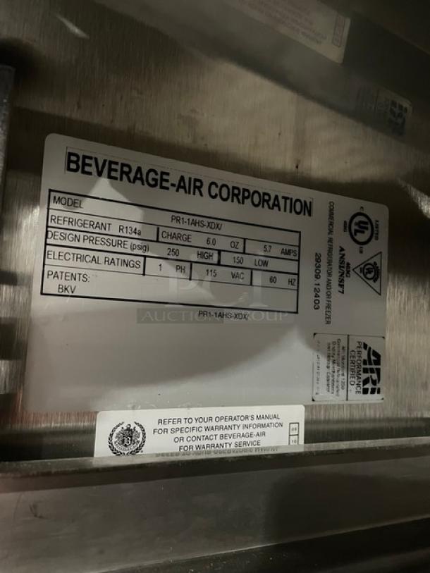 Beverage-Air Prestige Plus Series Commercial Stainless Steel Solid Half Door Reach In Refrigerator! Energy Star Certified! With Poly Coated Wire Rack & Built In Pan Holding Rack! Model: PR1-1AHS-XDX SN: 29309.12403! 115V 1 Phase! On Legs! - Image 9 of 11