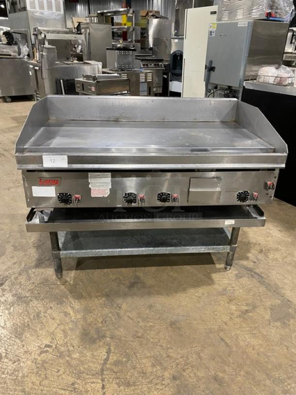 GREAT! Lang Commercial Stainless Steel Natural Gas Powered Countertop 48" Highly Polished Mirror Shine Flat Griddle! With Thermostatic Controls! Model: 148SC-NAT-SH SN: GT2481218A0011! 120V 1 Phase! On Single Shelf Equipment Stand! - Image 1 of 11