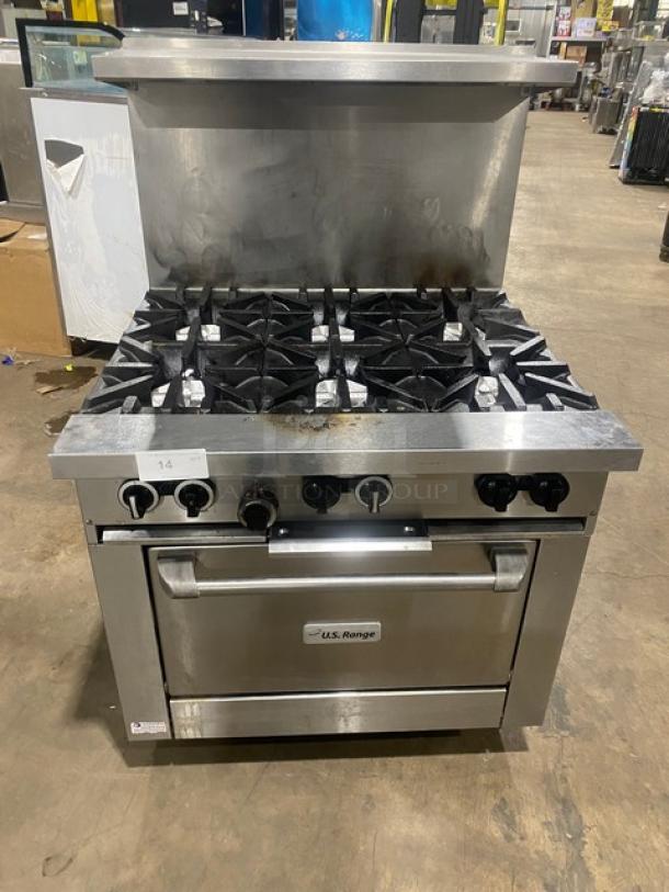 U.S. Range Commercial Stainless Steel Natural Gas Powered 6 Burner Range/Oven Combo! With Back Splash & Overhead Salamander Shelf! With Wire Oven Rack! On Casters! - Image 1 of 9