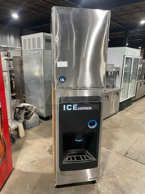 Hoshizaki Commercial Stainless Steel Modular Cresent Cuber Ice Machine Head! Model: KM-500MWH SN: Q03845E! 115-120V 1 Phase! With Hoshizaki Commercial Stainless Steel Ice Dispensing Bin Underneath! Model: DB-130H SN: Q52291G! 115V 1 Phase! On Legs! - Image 1 of 10