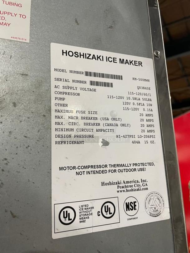 Hoshizaki Commercial Stainless Steel Modular Cresent Cuber Ice Machine Head! Model: KM-500MWH SN: Q03845E! 115-120V 1 Phase! With Hoshizaki Commercial Stainless Steel Ice Dispensing Bin Underneath! Model: DB-130H SN: Q52291G! 115V 1 Phase! On Legs! - Image 6 of 10