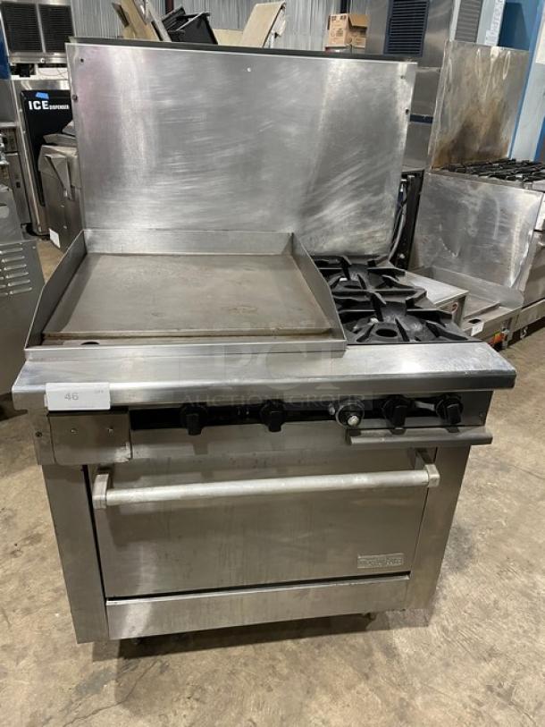 Therma-Tek Commercial Stainless Steel Natural Gas Powered Flat Griddle/2 Burner Split Top Range/Oven Combo! With Back Splash! Model: TMDS36-24G-2-1N SN: 11K02659C! On Legs! - Image 1 of 10