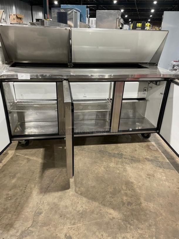 True Commercial Stainless Steel 3 Door Refrigerated Bain Marie Style Mega Top Salad/Sandwich Prep Table! With Poly Coated Wire Racks! Model: TSSU-72-18 SN: 1-4477571! 115V 1 Phase! On Casters! - Image 5 of 9