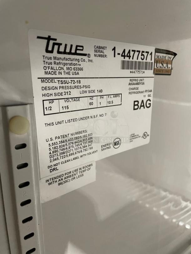 True Commercial Stainless Steel 3 Door Refrigerated Bain Marie Style Mega Top Salad/Sandwich Prep Table! With Poly Coated Wire Racks! Model: TSSU-72-18 SN: 1-4477571! 115V 1 Phase! On Casters! - Image 7 of 9