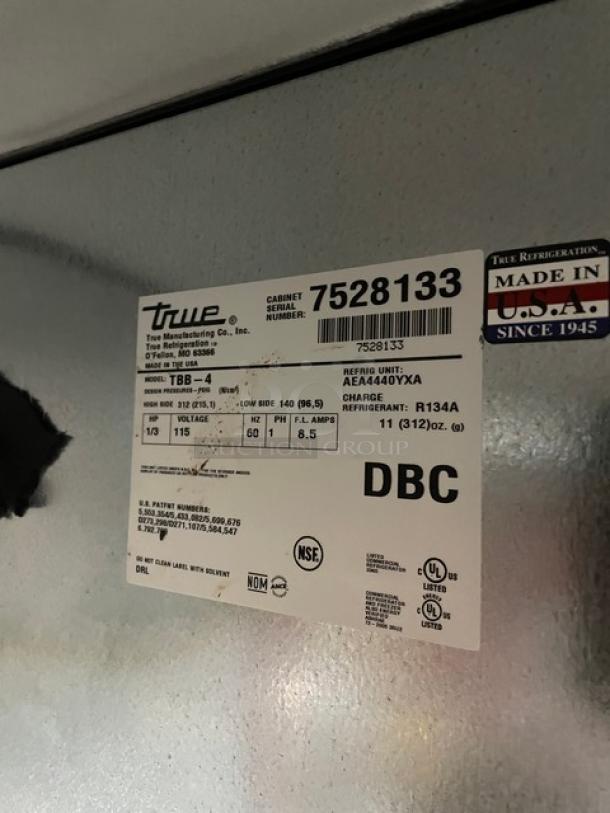 True Commercial Black 3 Door Refrigerated Kegerator! With Single-Tower Quadruple Tap! With Stainless Steel Worktop! Model: TBB-4 SN: 7528133! 115V 1 Phase! - Image 8 of 9