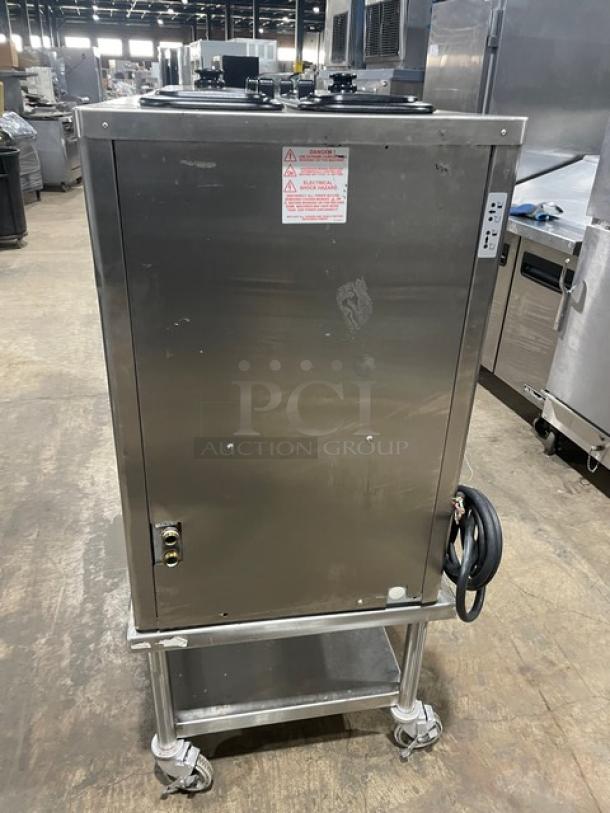 Taylor Commercial Stainless Steel Electric Powered Dual Flavor/Twist Soft Serve Ice Cream/Frozen Yogurt Machine! With 2 Hoppers & 3 Dispensers! With Drip Tray! Model: C723-33 SN: M2018027! 208-230V 3 Phase! On Single Shelf Equipment Cart With Casters! - Image 3 of 9