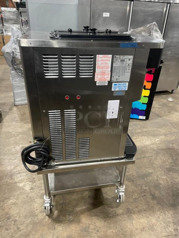 Taylor Commercial Stainless Steel Electric Powered Dual Flavor/Twist Soft Serve Ice Cream/Frozen Yogurt Machine! With 2 Hoppers & 3 Dispensers! With Drip Tray! Model: C723-33 SN: M2018027! 208-230V 3 Phase! On Single Shelf Equipment Cart With Casters! - Image 4 of 9