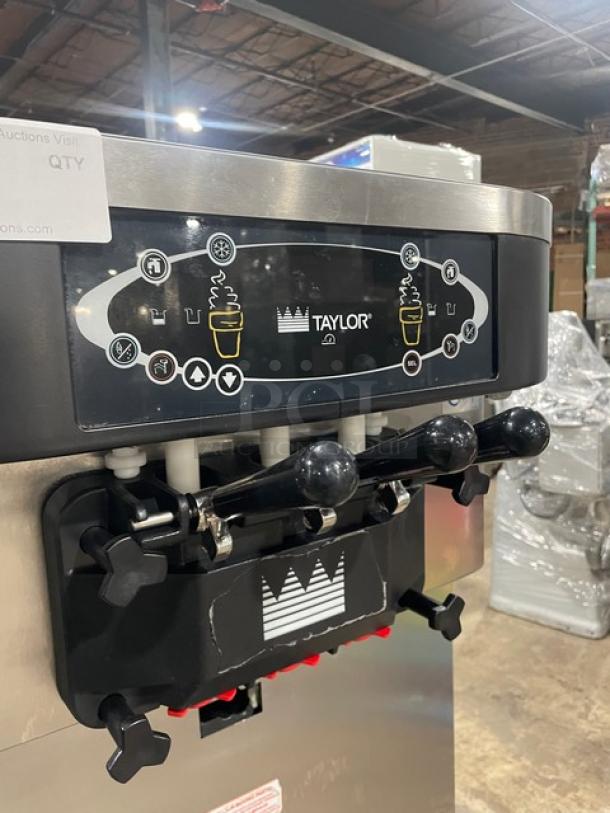 Taylor Commercial Stainless Steel Electric Powered Dual Flavor/Twist Soft Serve Ice Cream/Frozen Yogurt Machine! With 2 Hoppers & 3 Dispensers! With Drip Tray! Model: C723-33 SN: M2018027! 208-230V 3 Phase! On Single Shelf Equipment Cart With Casters! - Image 5 of 9