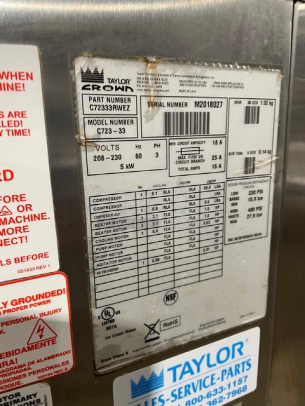 Taylor Commercial Stainless Steel Electric Powered Dual Flavor/Twist Soft Serve Ice Cream/Frozen Yogurt Machine! With 2 Hoppers & 3 Dispensers! With Drip Tray! Model: C723-33 SN: M2018027! 208-230V 3 Phase! On Single Shelf Equipment Cart With Casters! - Image 8 of 9
