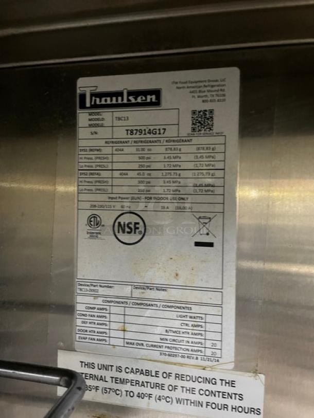 Traulsen Commercial Stainless Steel Left Hinged Self-Contained Reach In Blast Chiller! With On-Board Printer! With Built In Pan Holding Racks & 3 Food Probes! Model: TBC13 SN: T87914G17! 208-230/115V! - Image 6 of 9