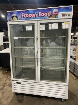 Turbo Air Frozen Food Style Commercial White Double Glass Swing Door Reach In Merchandiser Freezer! With Poly Coated Wire Racks! Model: TGF-49F SN: GF49205041! 110-120/220-240V! On Casters!