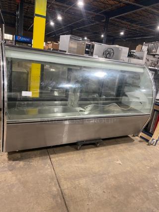 Leader Commercial Stainless Steel Curved Glass Refrigerated 96" Deli Merchandiser Display Case! With Rear Access Double Sliding Glass Doors! With Overstock Storage Compartment! Model: NRHD96R SN: PU10S0701J! 115V 1 Phase!