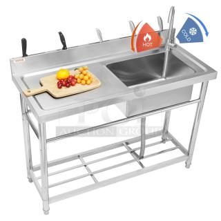 NEW! IN THE BOX! Vevor Commercial Stainless Steel Free-Standing Indoor/Outdoor Single Compartment Multi-Function Utility Sink! With Goose Neck Hot/Cold Faucet & Basket Drain! With Left Side Prep Area! With Back Splash & 5-Slot Knife Holder! With Open Storge Undershelf! Model: S3-2! On Legs!