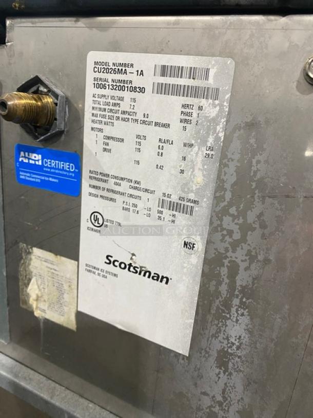 Scotsman Prodigy Series Commercial Stainless Steel Undercounter Air-Cooled Medium Cubed Ice Machine/Bin Combo! Energy Star Certified! With Top Sliding Lid! Model: CU2026MA-1A SN: 10061320010830! 115V 1 Phase! On Legs! - Image 5 of 9