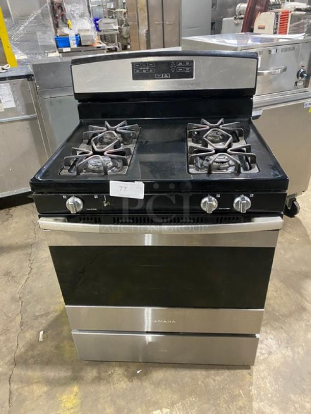 Amana Commercial Stainless Steel/Black Coated Natural Gas Powered 4 Burner Range/Oven Combo! With Wire Oven Racks! - Image 1 of 10