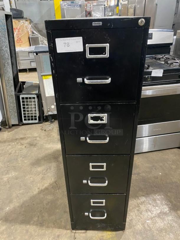 Staples Commercial Black Coated Free Standing 4-Drawer Filing Cabinet! With Retractable Pull-Out Drawers! - Image 1 of 5