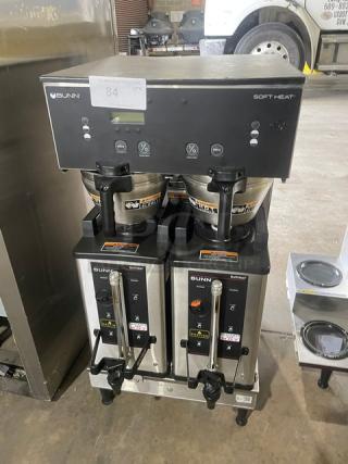 Bunn Soft Heat Series Commercial Stainless Steel Countertop Dual Coffee Brewer! With Hot Water Dispenser! With Smart Splashguard Funnels & Bunn Soft Heat Series Portable Servers! Model: DUAL SH DBC SN: DUAL157000! 120/208-240V 1 Phase! On Legs!