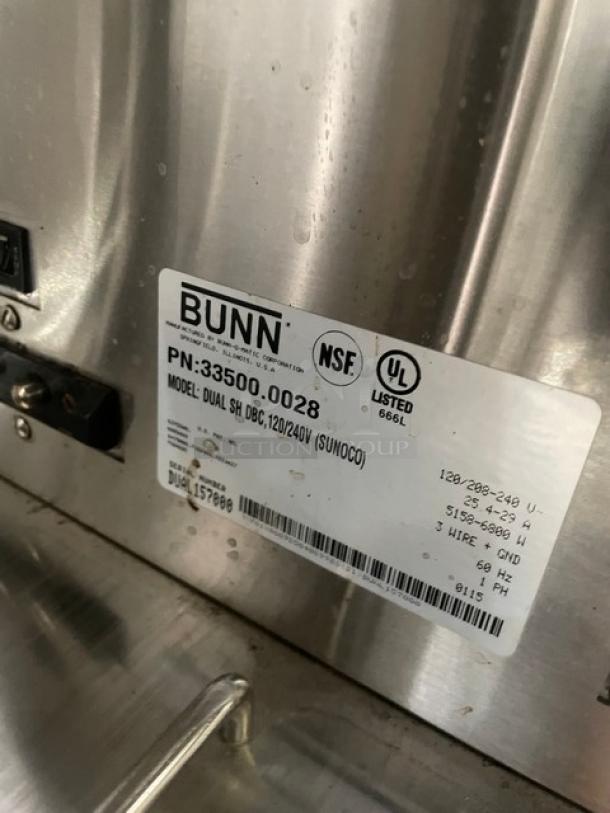 Bunn Soft Heat Series Commercial Stainless Steel Countertop Dual Coffee Brewer! With Hot Water Dispenser! With Smart Splashguard Funnels & Bunn Soft Heat Series Portable Servers! Model: DUAL SH DBC SN: DUAL157000! 120/208-240V 1 Phase! On Legs! - Image 7 of 8