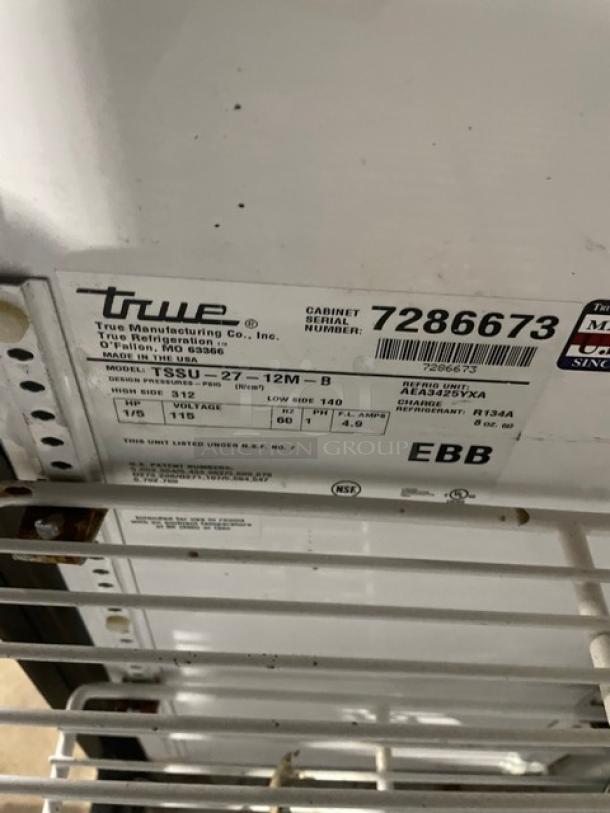 True Commercial Stainless Steel Single Door Refrigerated Bain Marie Style Mega Top Salad/Sandwich Prep Table! With Back & Side Splash! With Poly Coated Wire Rack! Model: TSSU-27-12M-B SN: 7286673! 115V 1 Phase! On Casters! - Image 8 of 9