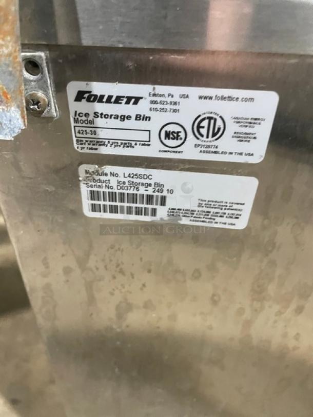 Follett Commercial Stainless Steel Slope Front 430 LB. Ice Storage Bin! Model: 425-30 SN: D03776-24910! On Legs! - Image 7 of 7