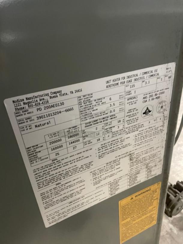 Modine Commercial Natural Gas Powered Unit Heater! Model: PD200AE0130 SN: 39011013204-6666! 115V 1 Phase! - Image 6 of 8