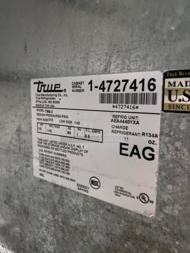 True Commercial Black 2 Door Refrigerated Back Bar Cooler! With Stainless Steel Worktop! With Poly Coated Wire Racks! Model: TBB-2 SN: 1-4727416! 115V 1 Phase! On Casters! - Image 7 of 8