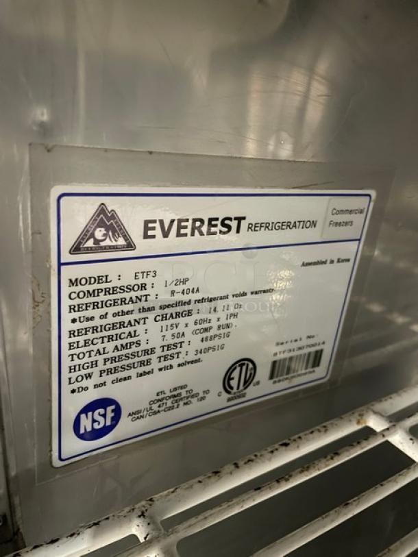 Everest Commercial Stainless Steel 3 Door Undercounter Worktop Freezer! With Poly Coated Wire Rack! Model: ETF3 SN: BTF313070014! 115V 1 Phase! On Casters! - Image 7 of 9