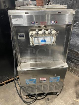 Taylor Commercial Stainless Steel Electric Powered Dual Flavor/Twist Soft Serve Ice Cream/Frozen Yogurt Machine! With 2 Hoppers & 3 Dispensers! With Drip Tray! Model: 339-33 SN: H4041608! 208/230V 3 Phase! On Casters!