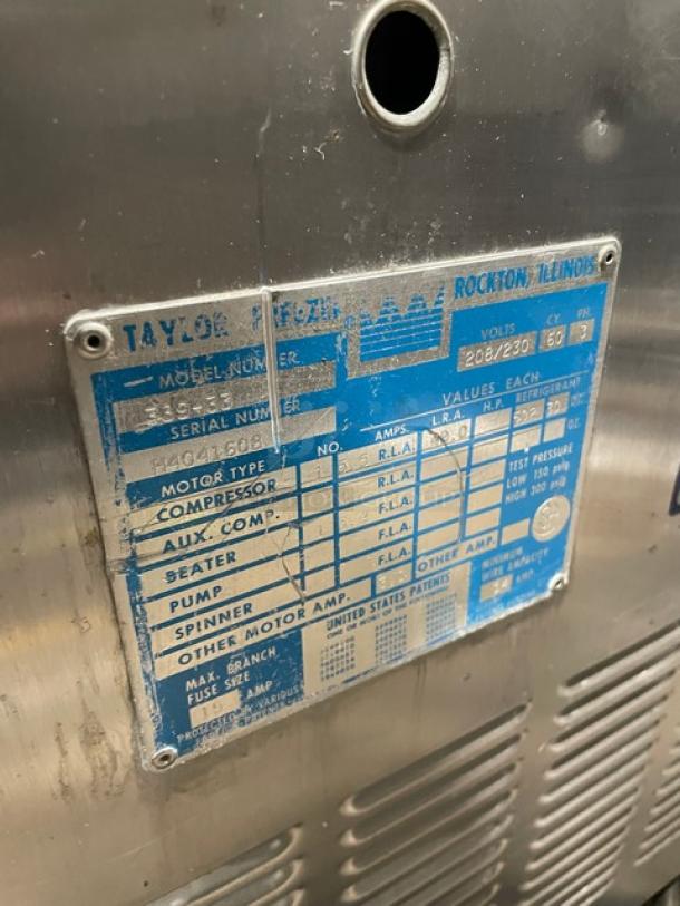 Taylor Commercial Stainless Steel Electric Powered Dual Flavor/Twist Soft Serve Ice Cream/Frozen Yogurt Machine! With 2 Hoppers & 3 Dispensers! With Drip Tray! Model: 339-33 SN: H4041608! 208/230V 3 Phase! On Casters! - Image 7 of 8