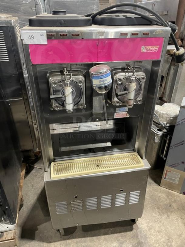 Taylor Dunkin Donuts Style Commercial Stainless Steel Electric Powered 2-Flavor Uncarbonated Frozen Beverage Machine! With 2 Dispensers & Coolatta Style Blender/Mixing Attachment! With Drip Tray! Model: 342D-27 SN: K2070024! 208-230V 1 Phase! On Casters! - Image 1 of 9
