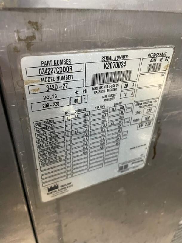 Taylor Dunkin Donuts Style Commercial Stainless Steel Electric Powered 2-Flavor Uncarbonated Frozen Beverage Machine! With 2 Dispensers & Coolatta Style Blender/Mixing Attachment! With Drip Tray! Model: 342D-27 SN: K2070024! 208-230V 1 Phase! On Casters! - Image 7 of 9