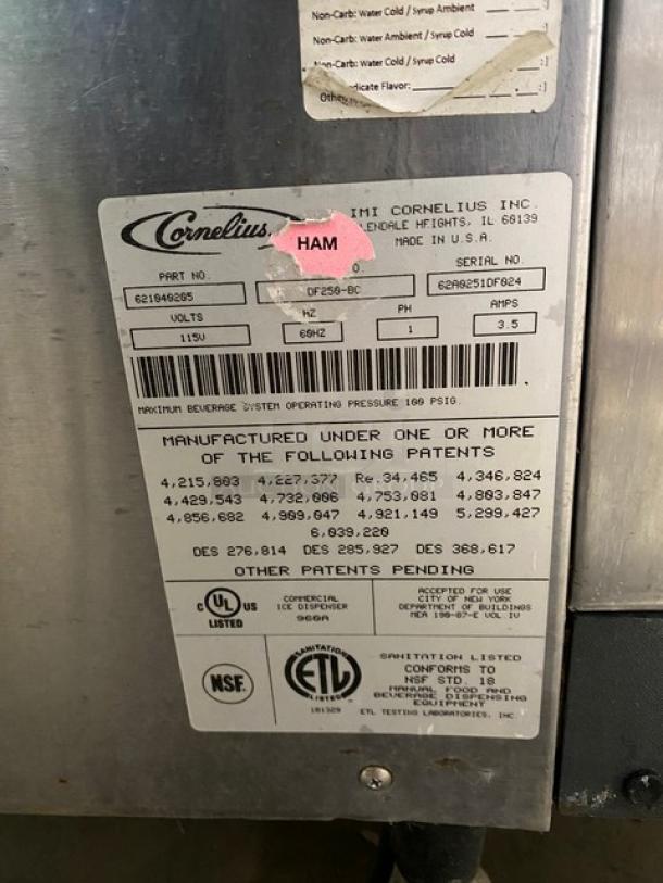 Cornelius Commercial Stainless Steel Electric Powered Countertop Ice/Cold Beverage Dispenser! With 8 UFB-1™ Sanitary Levers! Model: DF250-BC SN: 62A0251DF024! 115V 1 Phase! On Legs! - Image 9 of 13