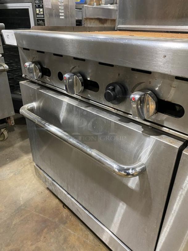 Migali Commercial Stainless Steel Natural Gas Powered Flat Griddle Range/Oven Combo! With Back Splash & Overhead Salamander Shelf! With Wire Oven Racks! On Legs! - Image 6 of 11