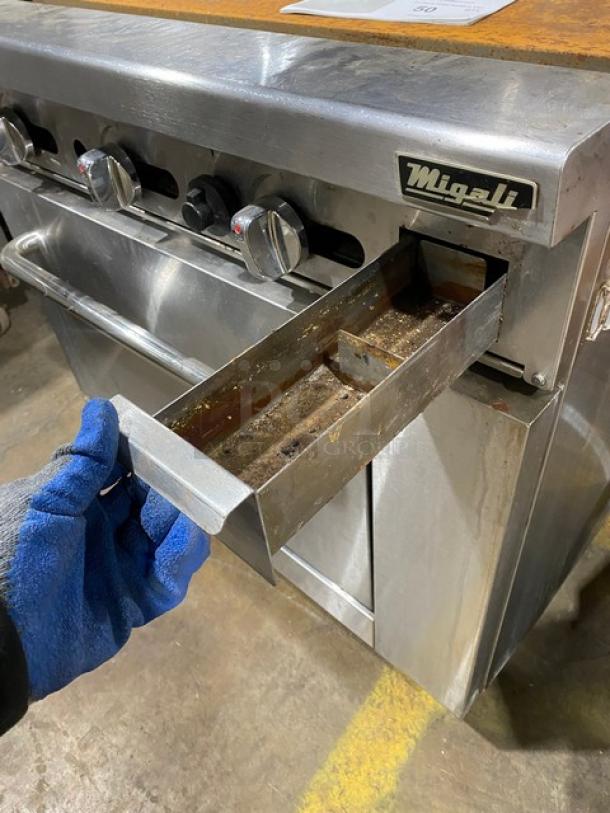 Migali Commercial Stainless Steel Natural Gas Powered Flat Griddle Range/Oven Combo! With Back Splash & Overhead Salamander Shelf! With Wire Oven Racks! On Legs! - Image 8 of 11